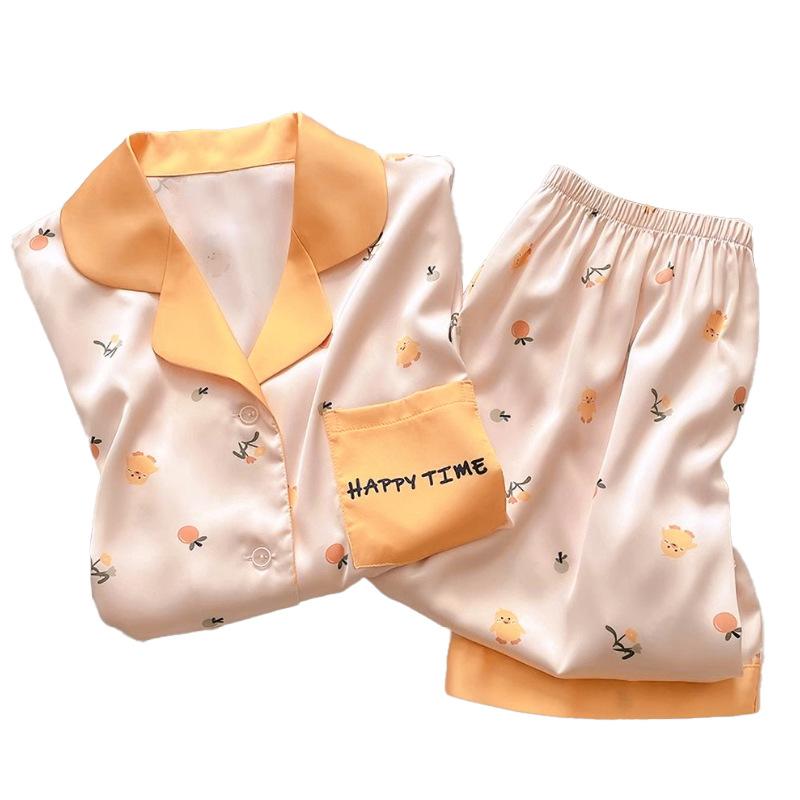 Simple And High-End Ice Silk Girl Pajamas Summer Comfortable Short-Sleeved Trousers Loungewear Set