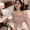 Korean Style Off-Shoulder Knit Cardigan - Women's Autumn/Winter Slim Fit Sweater with Turn-Down Collar