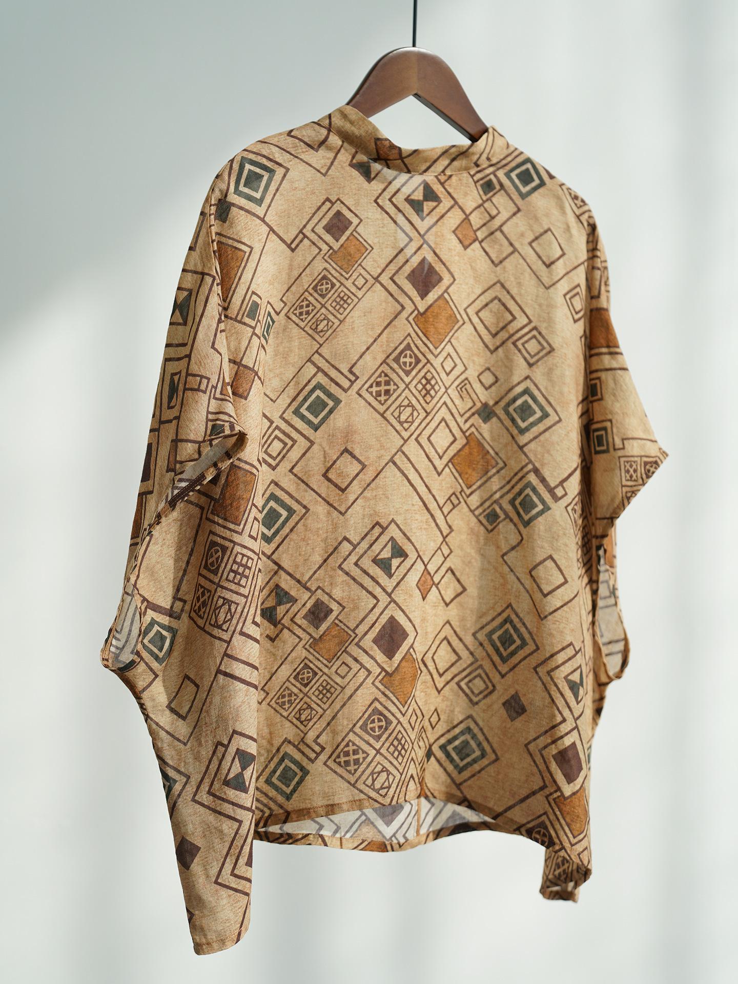 

Johnature Women Vintage Plaid T-Shirts Bat Sleeve Summer Loose Female Soft Chinese Style Belt T-Shirts One Size