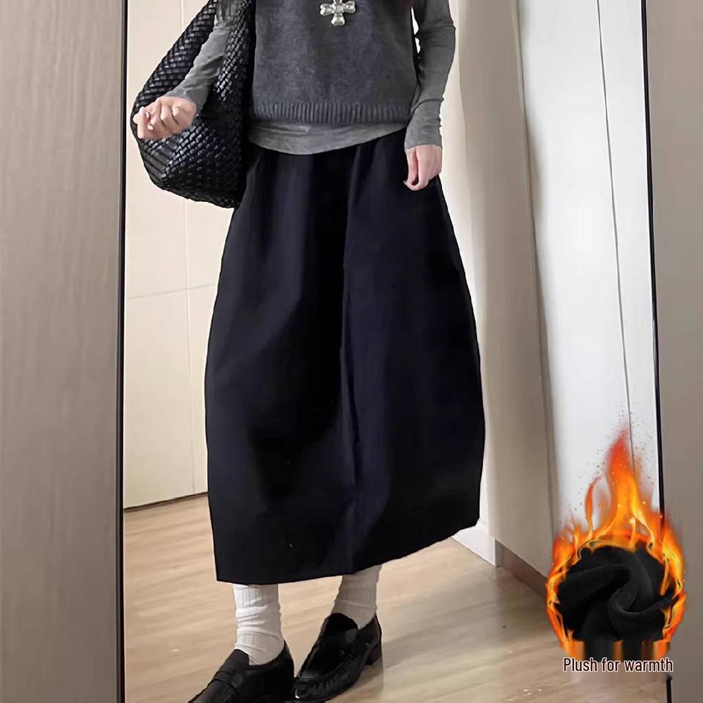 Women's Mid-Length Deep Gray Thickened Woolen Half-Skirt - Elastic Waist, Slimming, Autumn/Winter 2025.