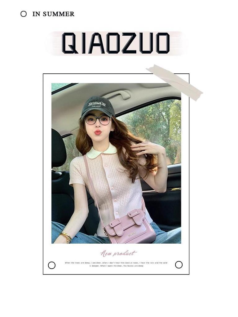 Women's Pink Slimming Petite Polo Knitted Short Sleeve Top - Summer 2025 Collection