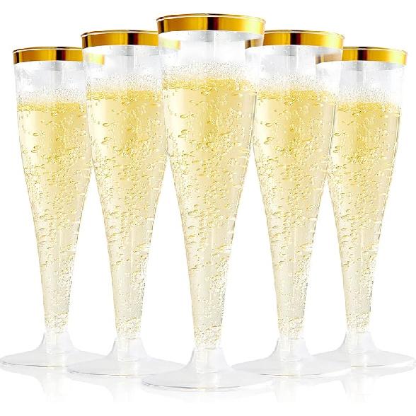 FOCUSLINE 100 Pack Plastic Champagne Flutes, 4.5 Oz Gold Rim Plastic Champagne Glasses, Disposable Clear Toasting Glasses Recyclable Champagne Cups 100