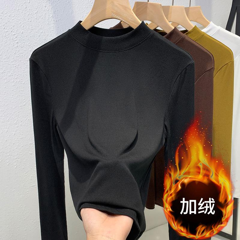 Threaded bottomed shirt women's 2025 new European women's clothing temperament stand-up collar long-sleeved t-shirt waist and elastic top
