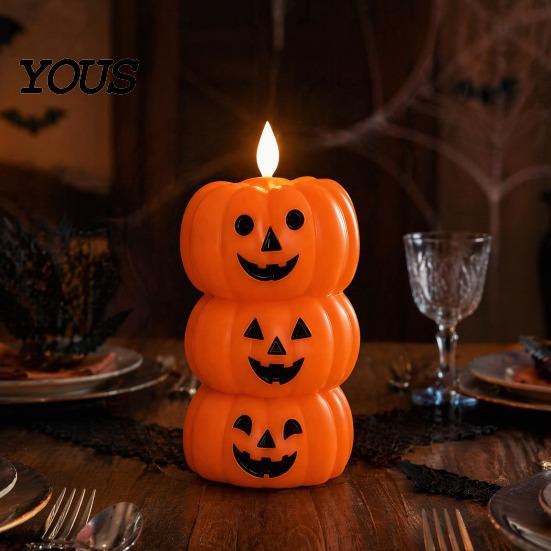 Retro Halloween Table Decoration Flameless Fake Candle, Battery Operated Stacked Pumpkin/Ghost Candle Light, Party Atmosphere Light LED Flickering
