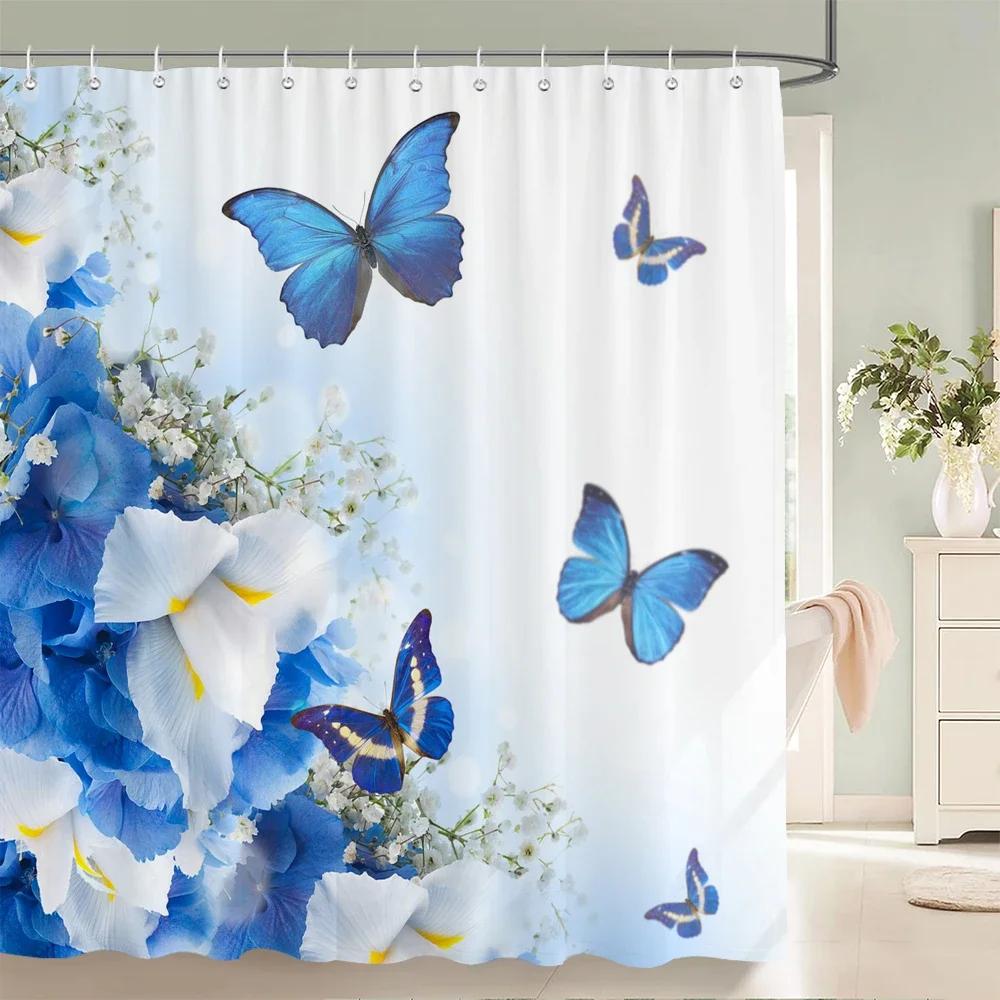 Beautiful Flowers Shower Curtain Butterfly Birds Printed Bathroom Curtains Polyester Fabric Home Decor Bathtub Screen with Hooks