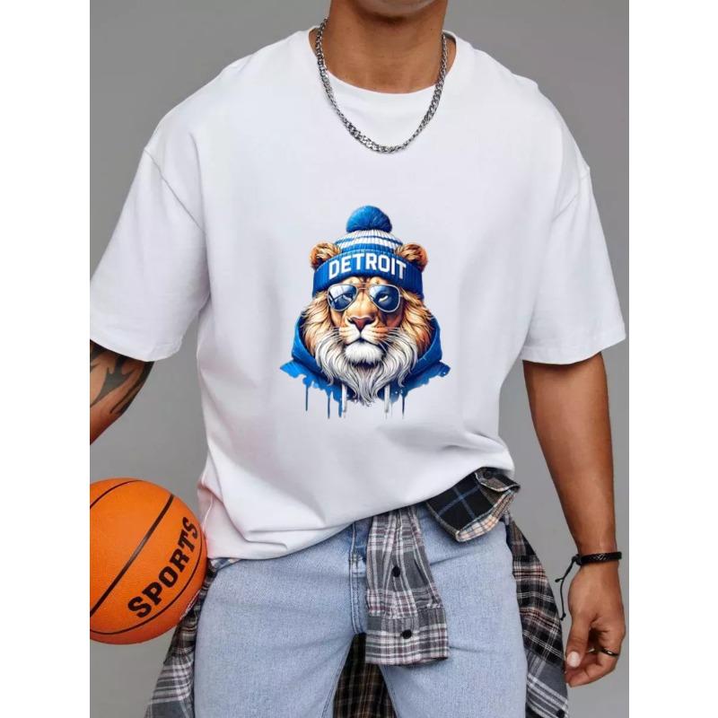 Crewneck T Shirt White Lion Wearing Detroit Hat and Sunglasses Streetwear Urban Fashion Casual Wear