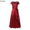 ZANZEA Women Elegant V-Neck Casual Short Sleeve Satin Long Dress
