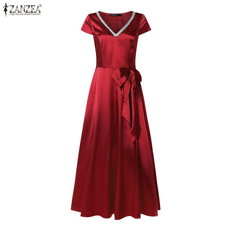 ZANZEA Women Elegant V-Neck Casual Short Sleeve Satin Long Dress