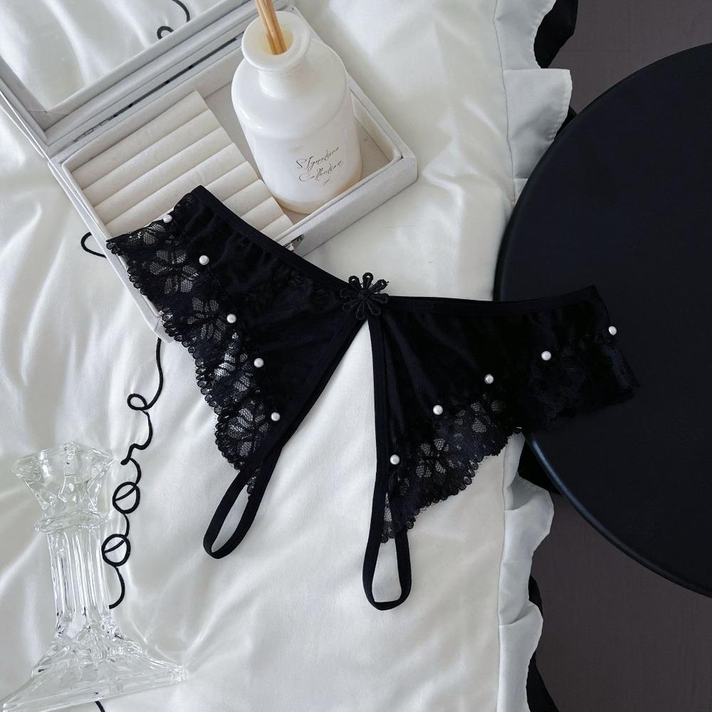 Low Waist Lace Flower Briefs Women Pearl Decor Mesh T Panties Sheer Mesh Lace Thong  Home