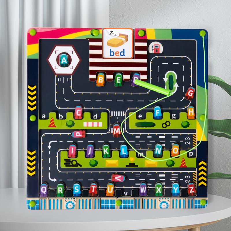 

Montessori Wooden Magnetic Alphabet Maze Letter Puzzle Motor Skills Toys Gifts for Kids Parking Lot Puzzle for Children Toddlers