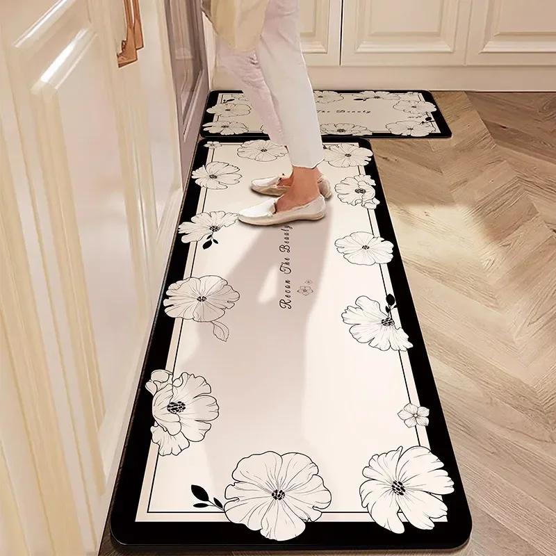 Kitchen Floor Mat Absorbent Carpet Diatom Mud Non-slip Foot Mats Sweet Flower Pastoral Home Decoration Rug Shower Area Toilet