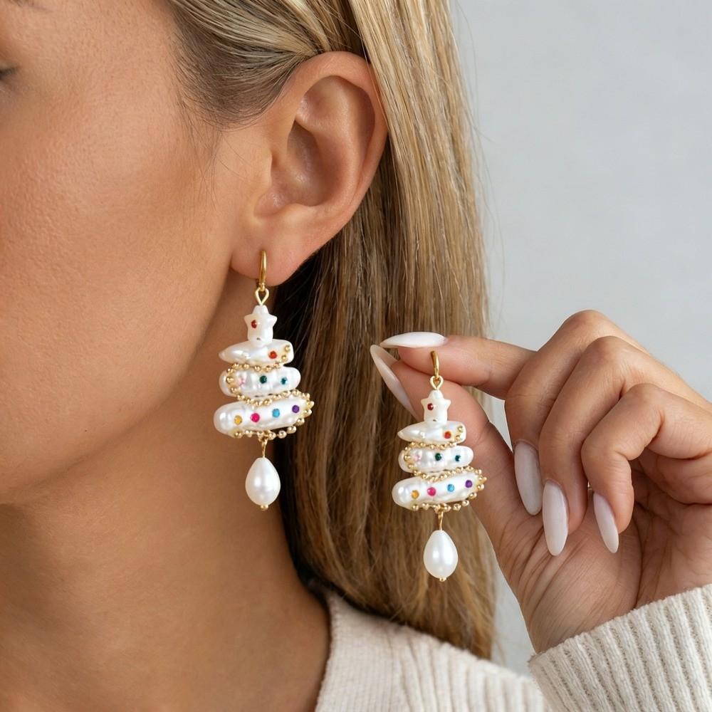 Crystal Christmas Tree Earrings Colorful Rhinestone Imitation Pearl Earrings Christmas