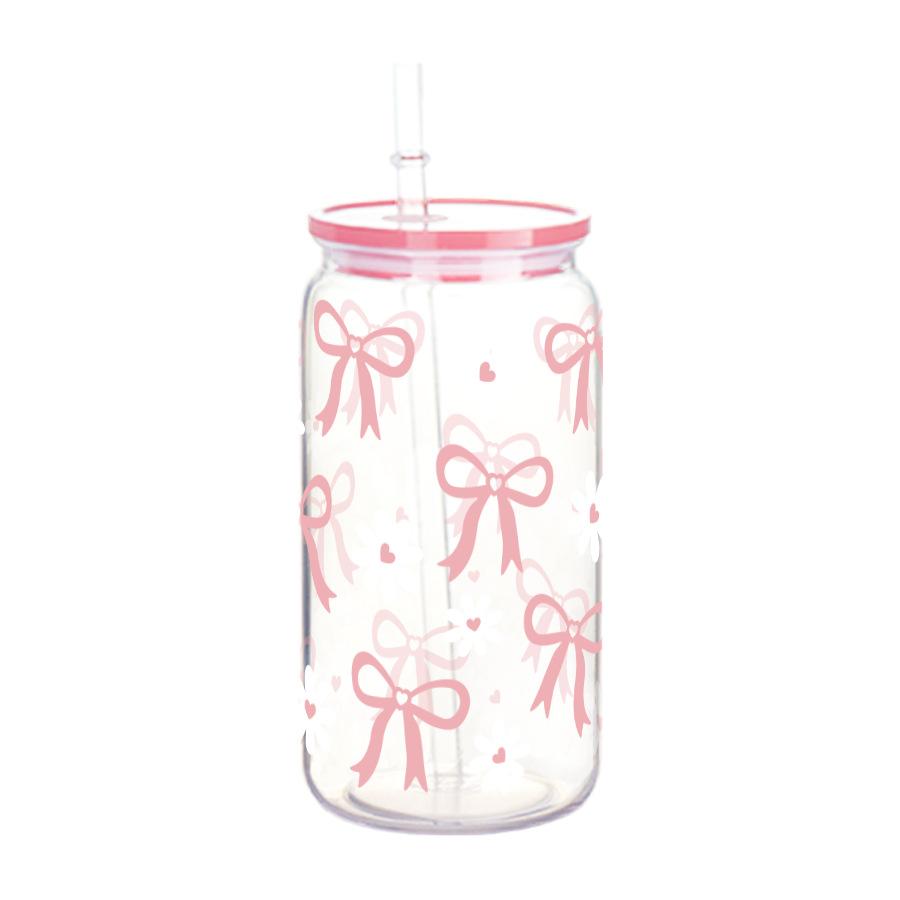 16oz Cute Bow Plastic Cup with Lid Bow Cherry Graffiti Pattern Water Bottle for Kitchen Coffee Straw Cups Beverage Juice Cups