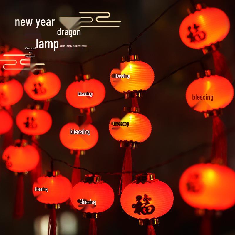 6cm LED New Year Fu Lanterns: Solar-Powered Outdoor Spring Festival String Lights 1.5m 10 lights - Constant Bright Battery Box