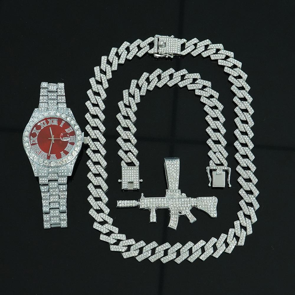 Hip Hop Persönlichkeit Pistolenanhänger Kubanische Kette Halskette Armband Uhr Set Modisches und Vielseitiges Herrenschmuck Geschenkbox Set