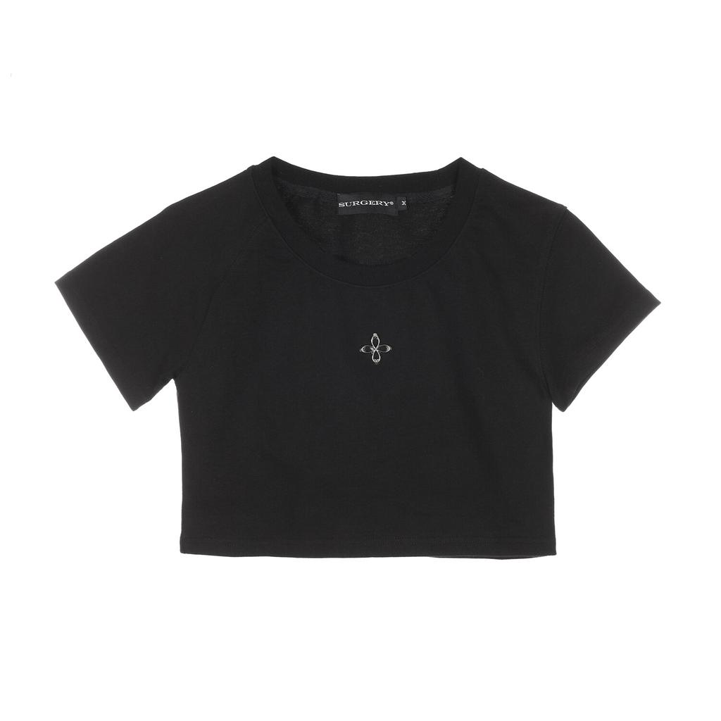 SURGERY Asymmetrical Metal Clover Logo Crop T-Shirt Black