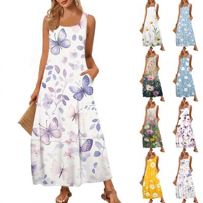 Lässiges bodenlanges Sommerkleid für Damen, Sommer-Strandkleid, Rundhalsausschnitt, ärmellos, lockerer Aufdruck