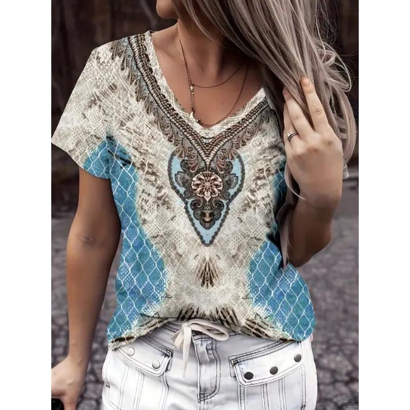 New Casual High-quality Retro Style 3D Women's Short Sleeved V-neck T-shirt
