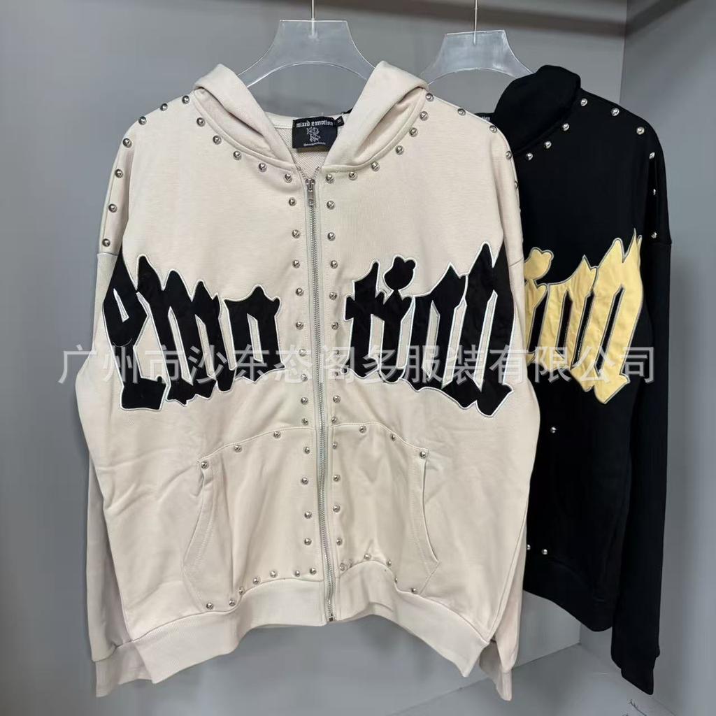 Cross-border Beauty Tide MIXED EMOTION Retro Full Print Handmade Diamond Letter Hooded Sweater Men's and Women's Coats