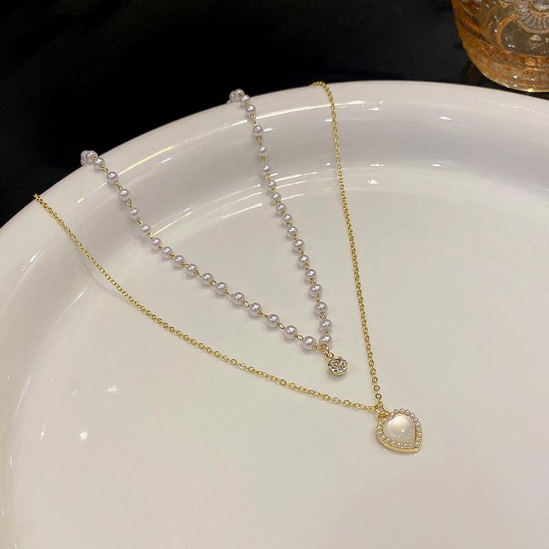 Vintage double-layered pearl necklace women s high-end sense niche opal heart-shaped pendant collarbone chain tide