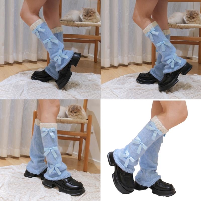Stylish Flared Leg Warmers With Lace Bows Design Soft Acrylic Fabric Slimming Leggings For Costume Parties