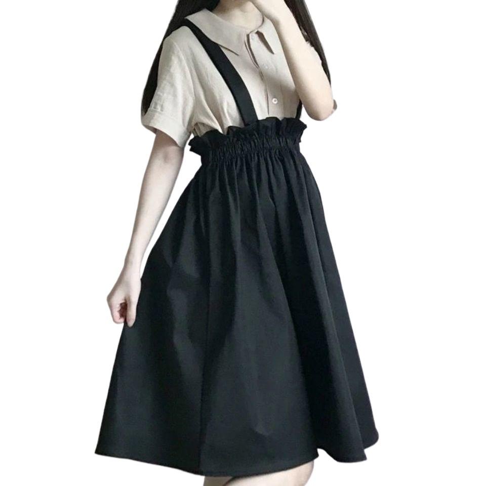 Costume d'étudiant doux japonais: Ensemble Jupe Bretelles Taille Haute + Chemise Manches Courtes