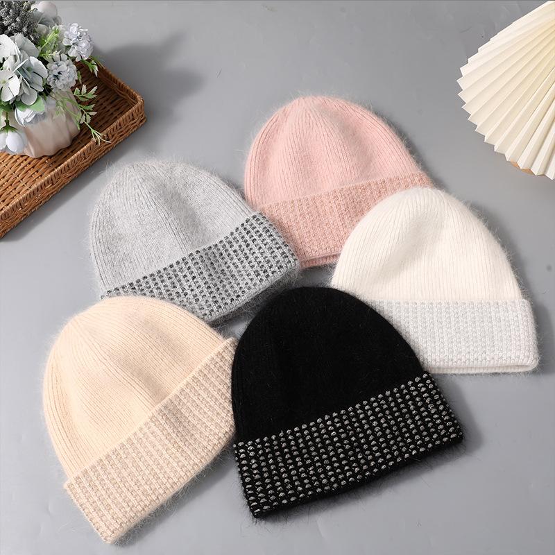 Women's Autumn Winter Angora Rabbit Hair Solid Color Warm Knitted Pullover Wool Cap Hats
