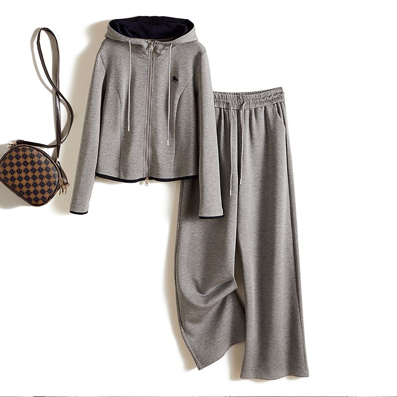 

Экспортировать костюм для ежедневного заказа! Женская спортивная толстовка с капюшоном, двусторонняя, импортный парчовый хлопок, вышитая верхняя одежда + брюки, микро-свободные брюки Grey XL