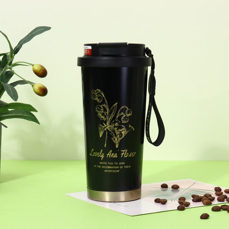 Stainless Steel Insulated Travel Mug With Handle Rope Straw 500ml Vacuum Thermos Office Outdoor Commute