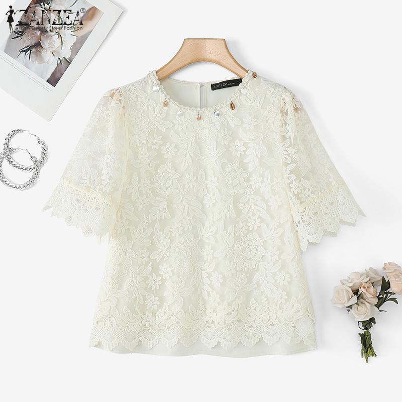 ZANZEA Women Summer Casual Hollow Lace Patchwork Short Sleeve Blouse