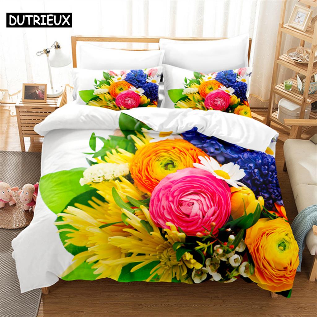 Beautiful Flowers Queen Bedding Set Duvet Cover Kids Bedroom Bed Set Comforter Cover Set King Size Duvet Cover Set Bedding Sets
