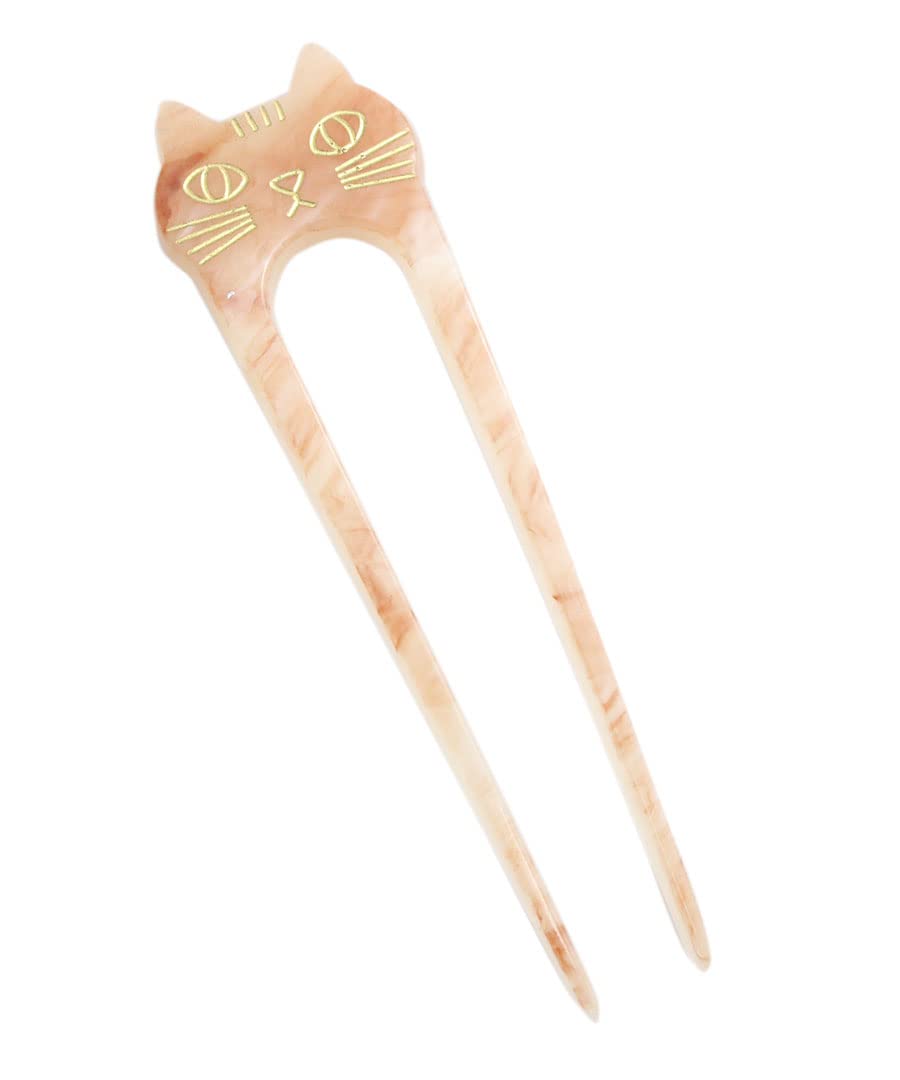 [VINGTAINE] Cat Motif Double-Pronged Hairpin, Marble Design, H7530-PK- Pink