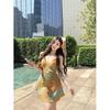 Women's Yellow Plaid V-Neck Camisole Dress – Slim Fit A-Line Skirt, Waist-Cinching Design for Summer Vacation