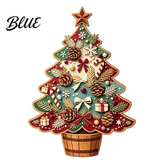 Vintage Christmas Home Accents Wooden Tree Ornaments, Colorful Desktop Decoration, Rustic Holiday Wood Figurines Reindeer for with Pine Cones Bows And