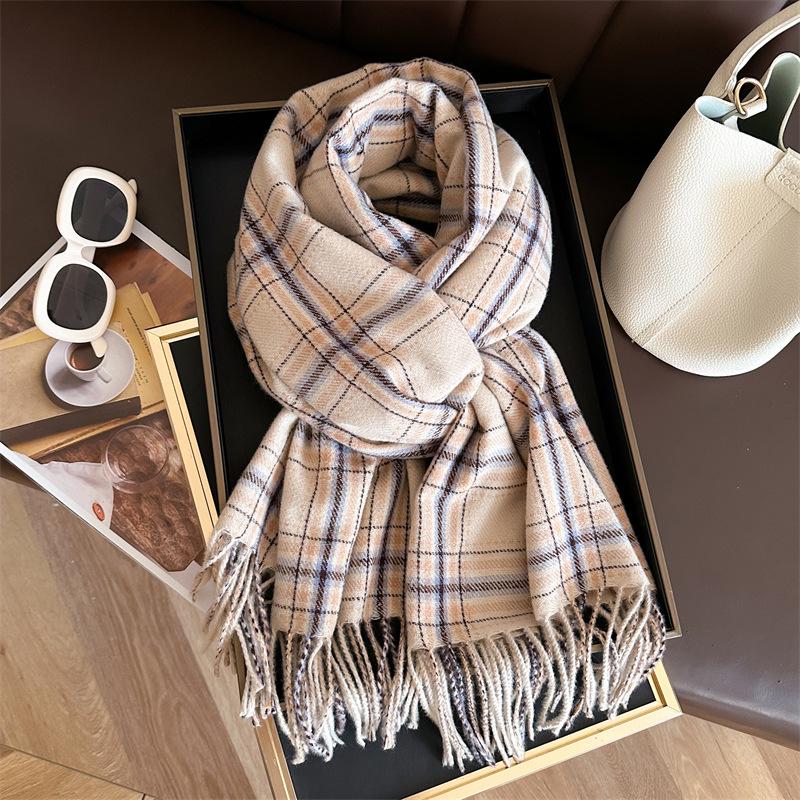 Unisex Korean Plaid Thick Winter Scarf with Tassels - Imitation Cashmere Shawl