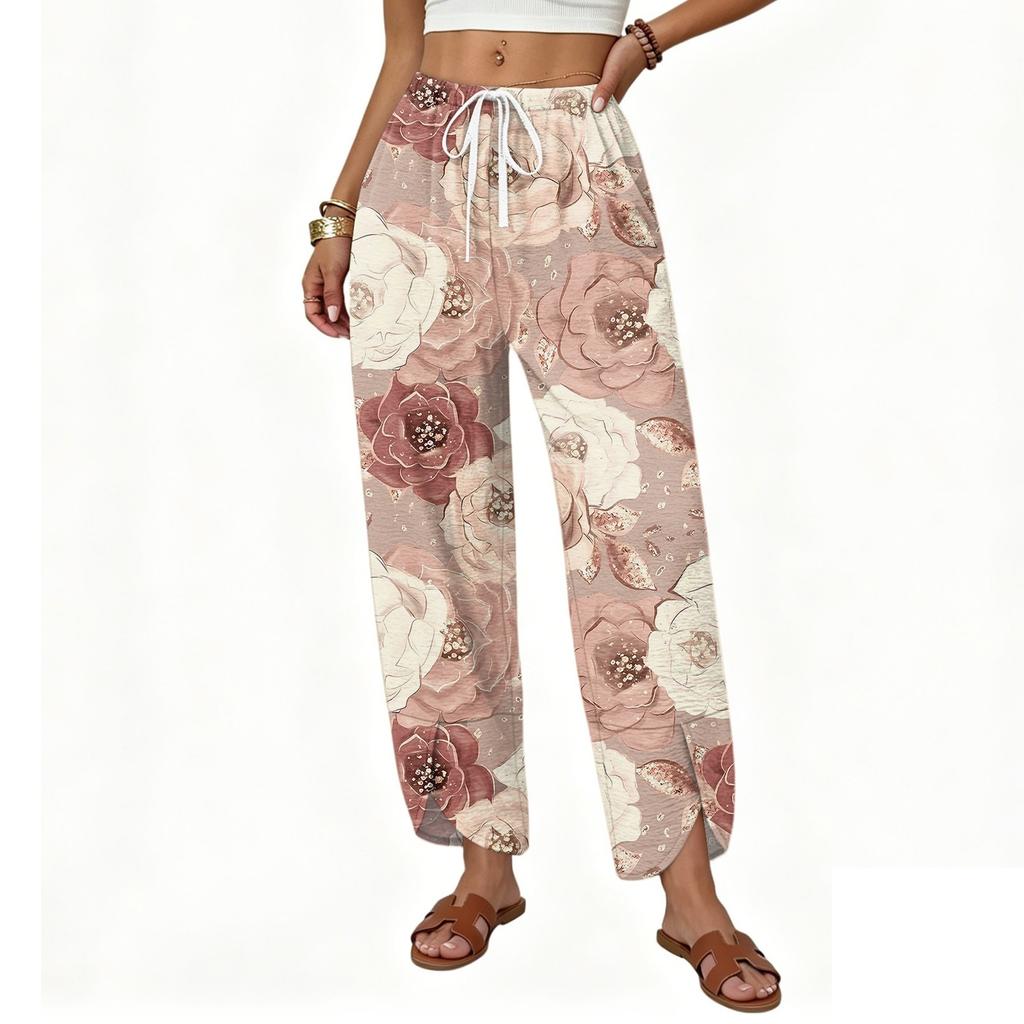 Women’s Casual Loose Straight Leg Wide Leg Pants Drawstring Waistband Printed Trousers Lightweight Relaxed Fit for Daily Wear