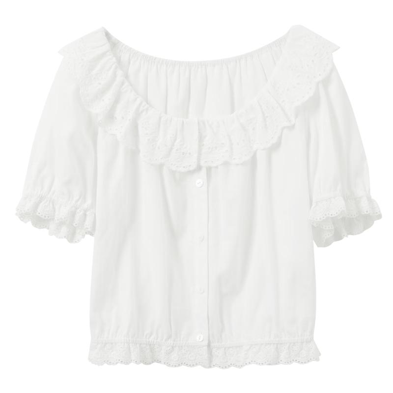 Sancai Women s Lace Round Neck Short Sleeve Blouse L