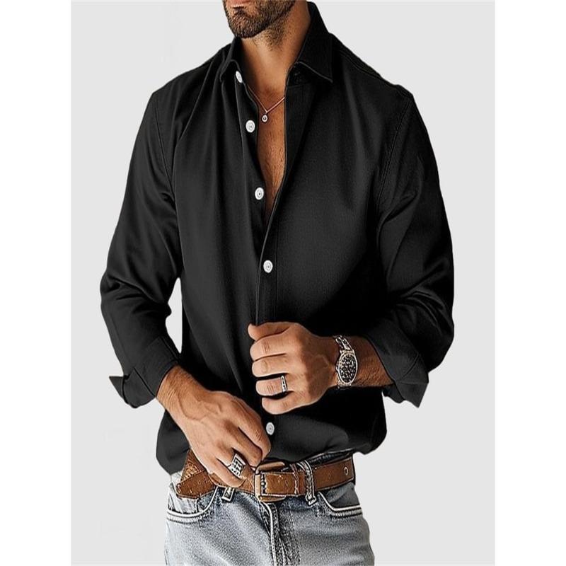 Mens Solid Color Long Sleeve Button Down Shirt Casual Business Dress Shirt with Spread Collar