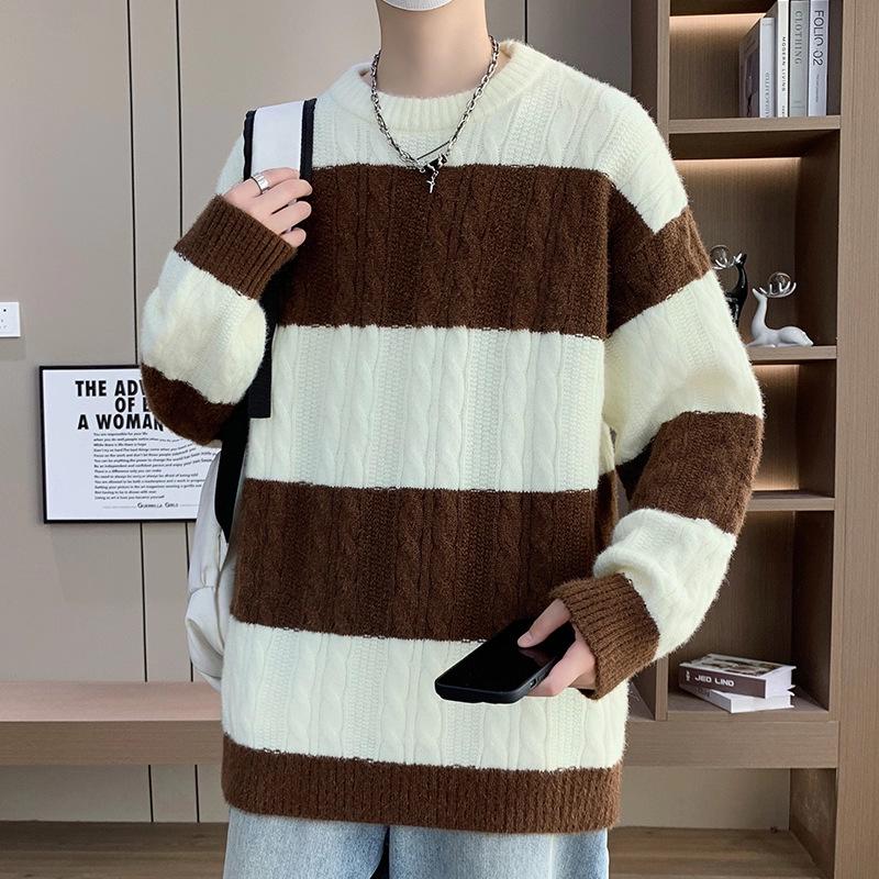 

Men s Trendy Striped Cable Knit Sweater - Autumn/Winter 2025 Loose Warm Woolen Base Layer. M (~90-110 lbs)
