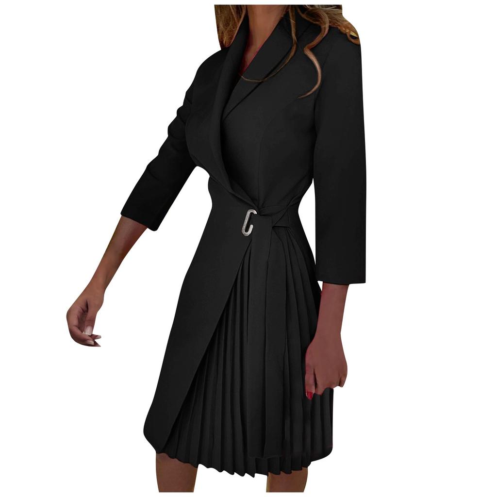 Damenkleid mit V-Ausschnitt, gebundener Taille, 3/4-Ärmeln, plissiert, einfarbig und bedruckt