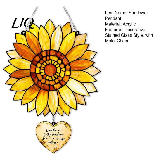 Garden Porch Decoration Stained Glass Style Sunflower Pendant, Floral Wall Hanging Art with Metal Artistic Window Ornament Chain, Acrylic for