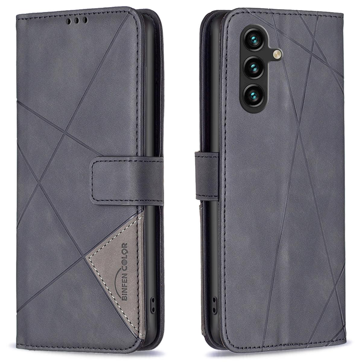 

BINFEN COLOR For Samsung Galaxy A36 5G Phone Cases Wallet Stand Geometry Imprinted Leather Cover Black