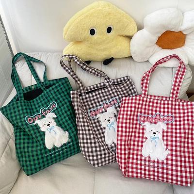 Plush Puppy Women's Plaid Shoulder Bag Cute College Girls  Book Tote Handbags Letter Embroidery Female Travel Shopping Bags
