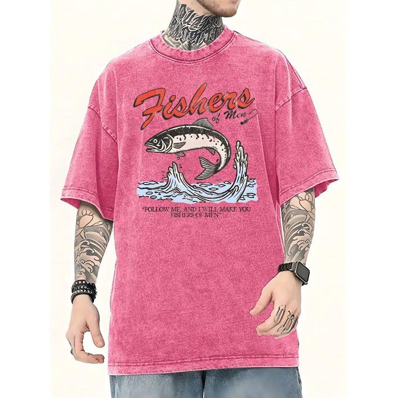 Washed Cotton T-shirt, Oversized Vintage-style T-shirt Features a Graphic Design with Red Stylized Text 'Fishers of Men',Loose Breathable Street
