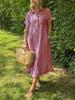 Women Striped Shirt Dress Short Sleeve Lapel Casual Midi Dress with Asymmetric Hem