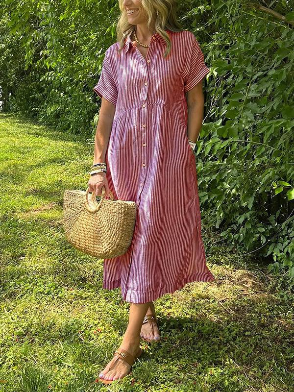 Women Striped Shirt Dress Short Sleeve Lapel Casual Midi Dress with Asymmetric Hem