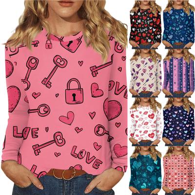 Women's Valentine's Day Fashionable Heart Print Round Neck Long Sleeve Pullover Top