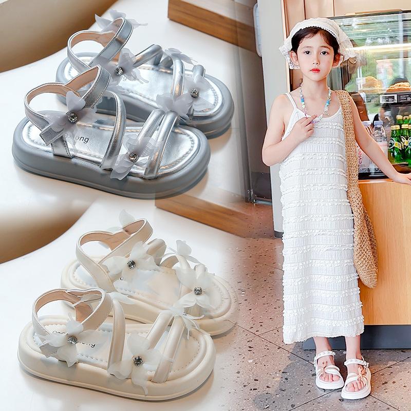 Girls Sandals with Lace Butterfly Children Beach Shoes Open Toes Soft Sole 2025 Summer New Kids Princess Shoes Non-slip Trendy