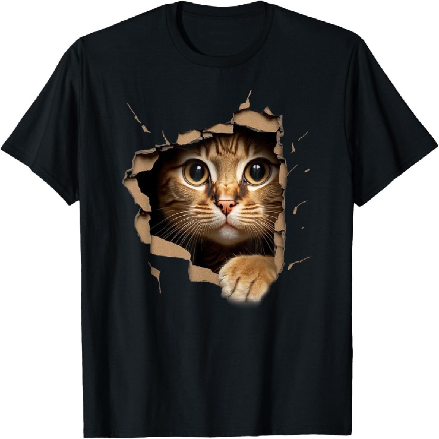 Cute kitten looks from torn fabric - Cats T-Shirt for Men Women Girls Kids S