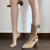Retro suede belt buckle thick heel medium boots women's new western style thin babes pile boots